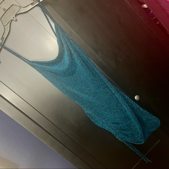 Lk New Blue Green Mermaid Glitter Cowl Drape Neck Ruched Side Bodycon Dress XS - Picture 3 of 6